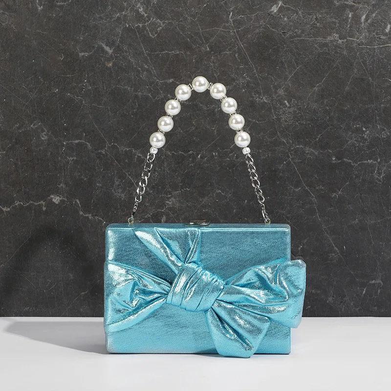 

Luxury Gradient Color Evening Bag Sweety Bow Knot Decoration Handbag Shiny Pearl Handle Banquet Bags Crossbody Chain Bag XA274H