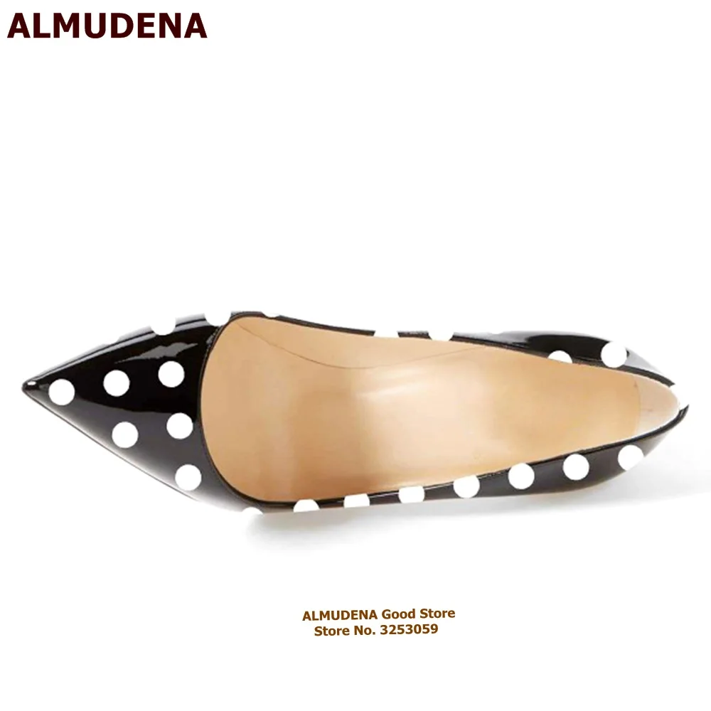 ALMUDENA Black/White Patent Leather Polka Dots High Heels 12cm 10cm 8cm Stiletto Heels Pointy Toe Classy Pumps Slip-on Shallow