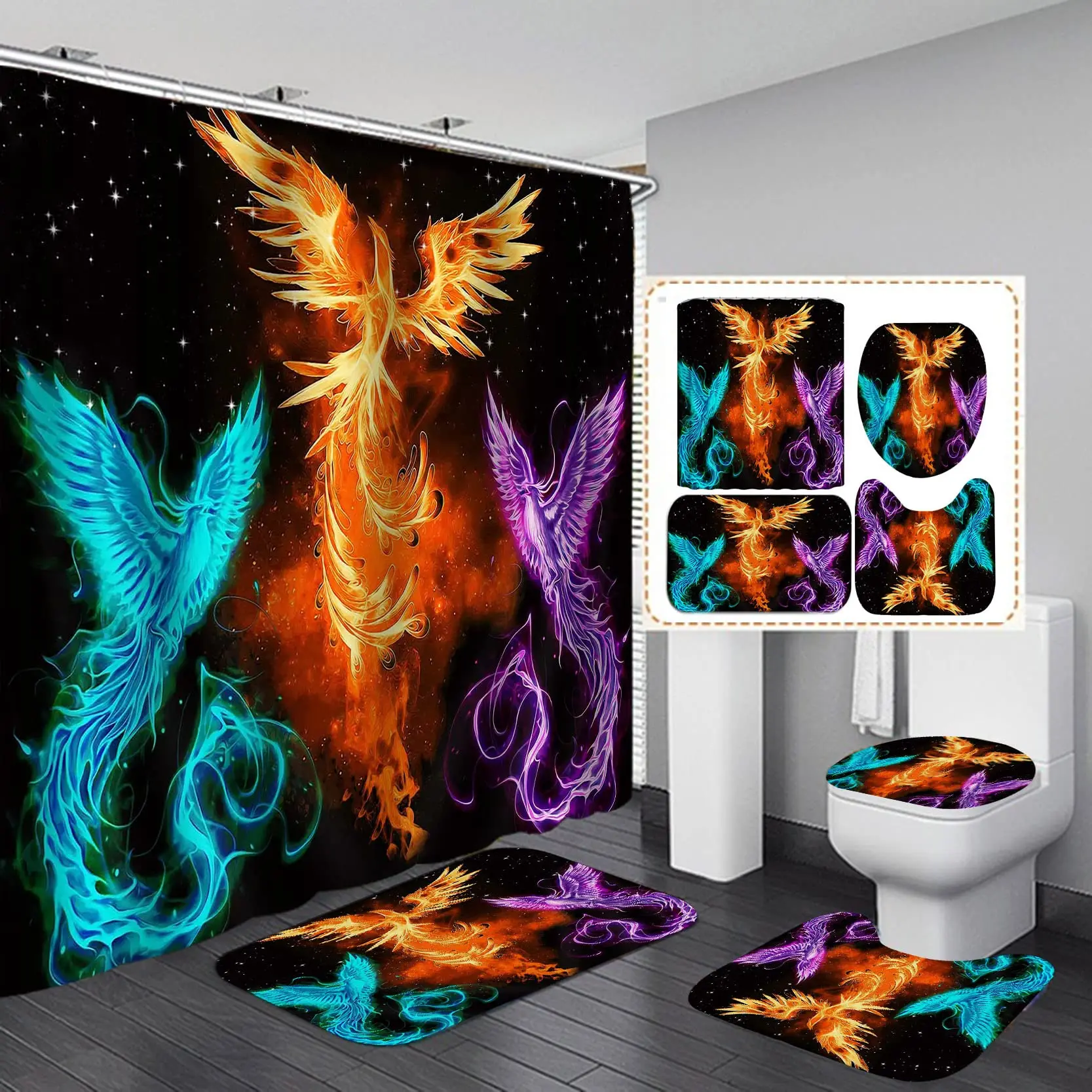 Galaxy Fire Phoenix Shower Curtain Set with Rugs Starry Sky Flaming Firebird Mythical Creatures Fantasy Animal Bathroom Sets
