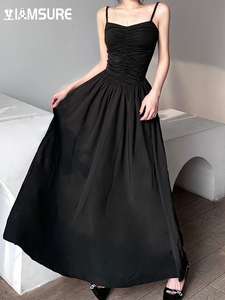 

IAMSURE Basic Slim Solid A-Line Dress Casual Vintage Sexy Slash Neck Sleeveless Maxi Dresses For Women 2022 Summer Fashion Lady