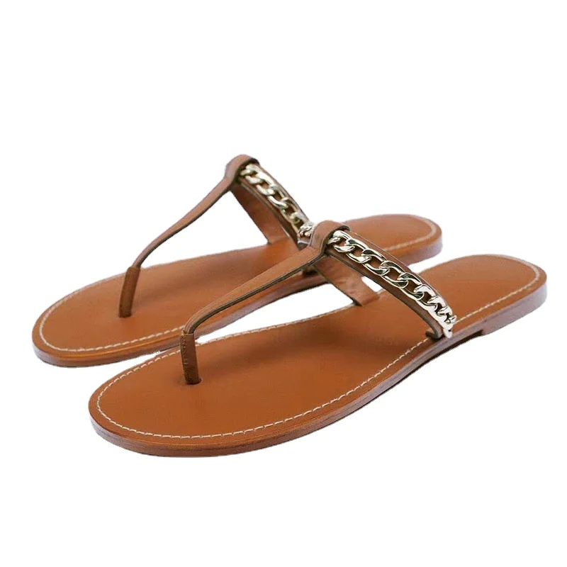 

High Quality Brand Women Shoes 2022 Fashion Metal Chain Summer Slippers Casual Luxury Flat Sandals Designer Slides Flip Flop