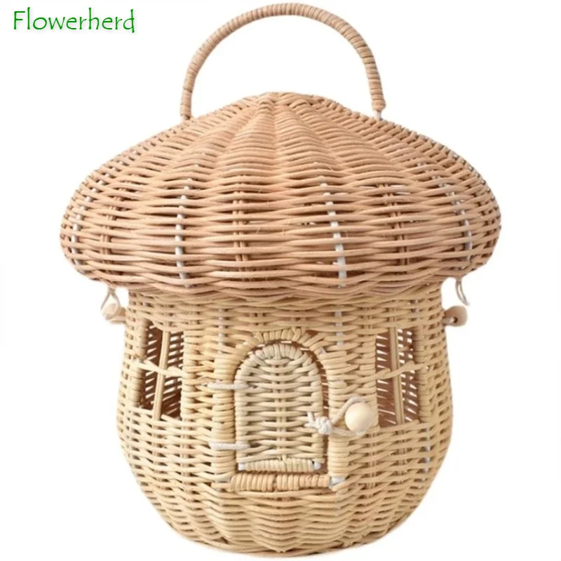 

Mushroom Woven Rattan Basket Handmade Bag Designer Wicker Women Handbags Lovely Summer Beach Straw Bag Bali Holiday Box Purses