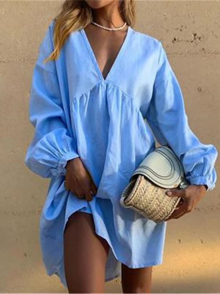 

2022 Summer Women's New Sexy V-neck Cotton and Linen Solid Color Long Skirt Loose and Comfortable Long-sleeved Women's Dress
