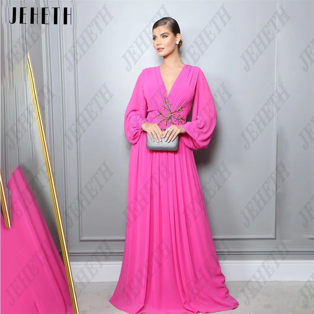 

JEHETH Classic Evening Gowns For Woman Puff Long Sleeves V-Neck Empire Prom Dress Chiffon A-Line Applique فساتين سهره فاخره 2023