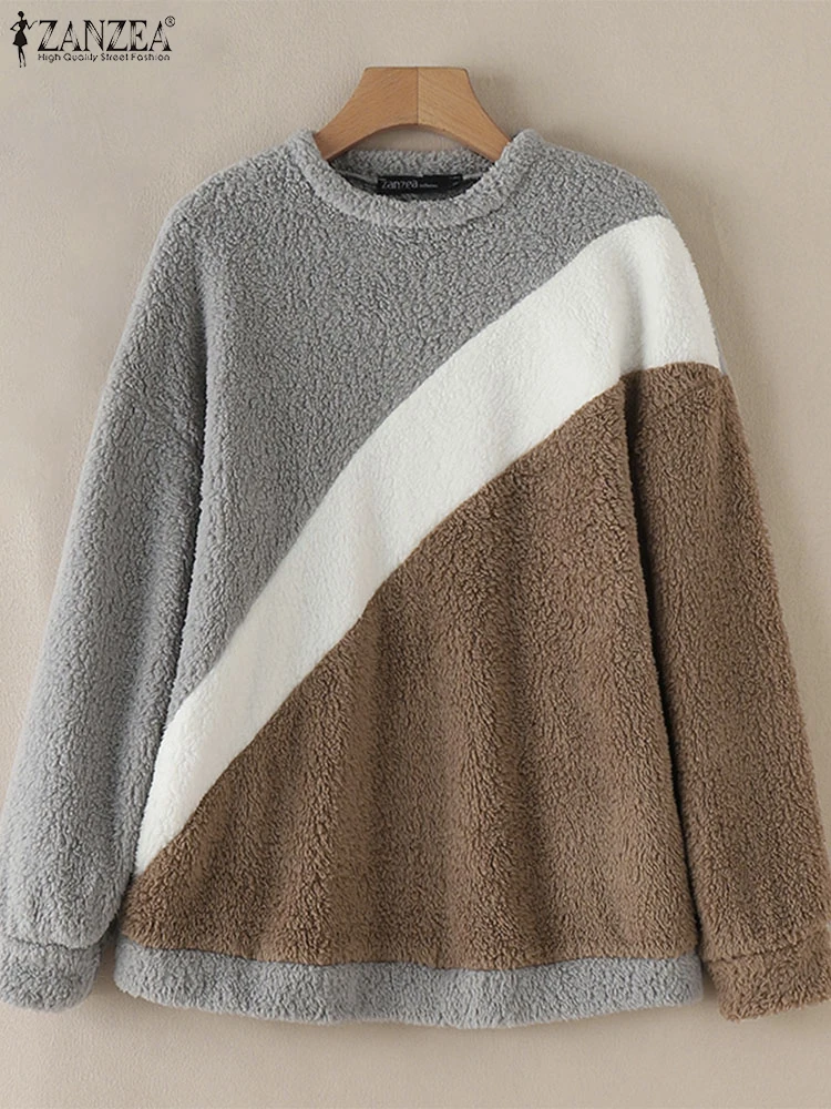 ZANZEA 2024 Fall Plush Fluffy Hoodies Drop-shoulder O Neck Fashion Color Block Sweatshirts Long Sleeve Women Fleece Pullovers