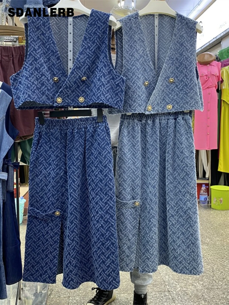 

2022 Summer New Short Vest Loose Outer Wear Sleeveless Waistcoat High-Grade Mid-length Denim Skirt Two Piece Suit for Women