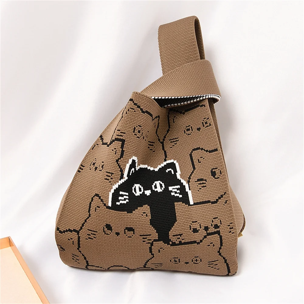 New Knitted Bag Student Cute Panda Cat Print Handbag Women Retro Mini Knot Wrist Bag Japanese Lady Leisure Tote Bag حقيبة تسوق