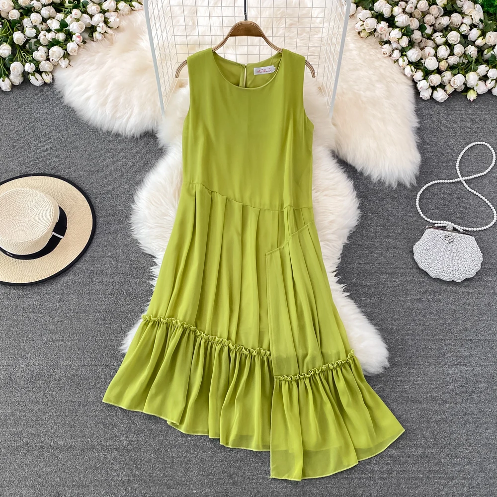 

Summer Fashion Sleeveless Chiffon A-line Dress Medium Long High Waist Thin Irregular Seaside Resort Beach Dress