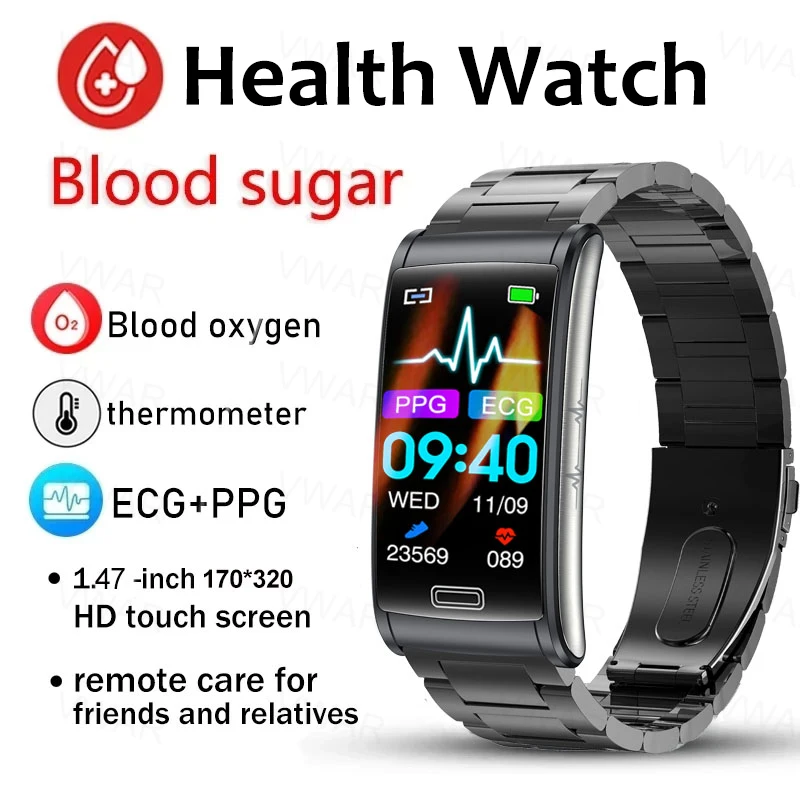 Painless Non-invasive Blood Sugar ECG+PPG Health Smart Bracelet IP68 Waterproof Sports Smart Watch Men Blood Glucose Meter Watch