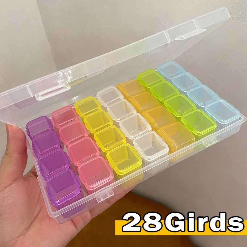 

Квадратная прозрачная пластиковая коробка для хранения 28 жилок, органайзер для ювелирных изделий, дизайна ногтей, алмазной живописи, аксес...