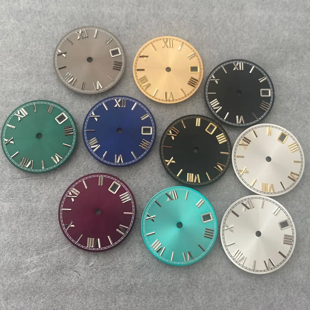 

28.5mm Sun Grain Roman Scale Watch Dial Real Nail Modified Replacement Dial for NH35/NH36/4R/7S Movement Single Calendar Window