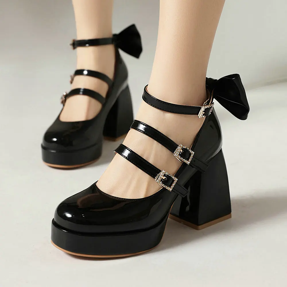 Women's Kawaii Platform Ankle Strap Chunky Heel Mary Jane Pumps Cute Closed Toe Goth Double Buckle Strappy Bow Party Dress Shoes