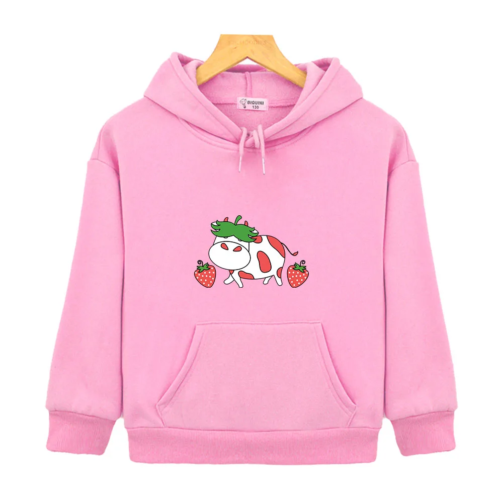 

Cow Print Kawaii Hoodies for Teen Girls Strawberry Pullover Sweatshirt Aesthetic Clothes for Children Kid Funny Hoody Boy Casual