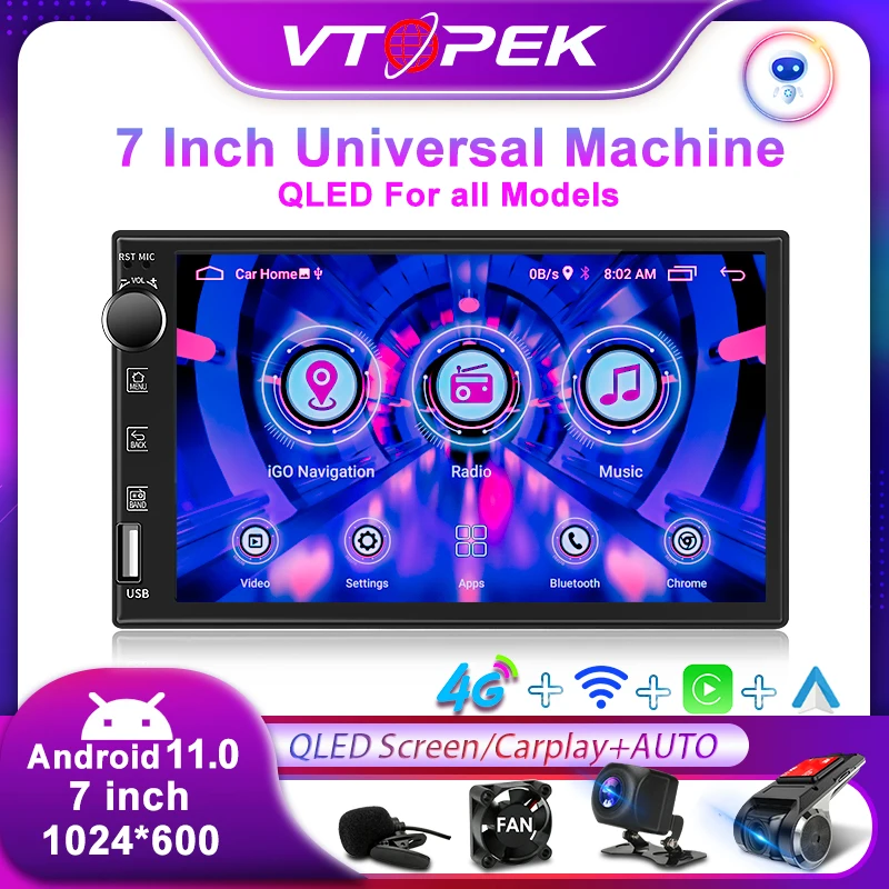 Vtopek 2Din  For Nissan Kia Honda Toyota VW Universal 7 Inch Car Stereo Radio Multimedia Video Player GPS 4G Android 11 QLED