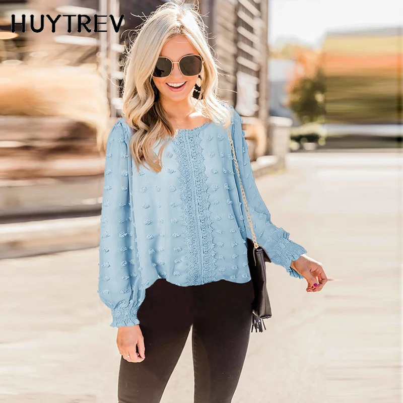 

Chiffon Shirt Women Casual Blouse Fashion Lace Jacquard O Neck 2022 Spring Summer Long Sleeve Loose Office Ladies Top Clothes