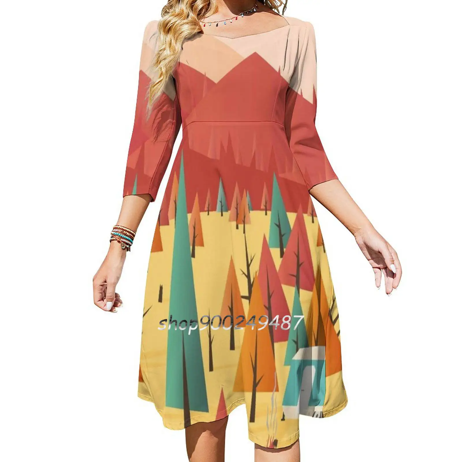 

Вечерние праздничные платья-миди, Привлекательное Женское милое цельнокроеное платье, корейский стиль, осень, лес, пейзаж, деревья, фургон