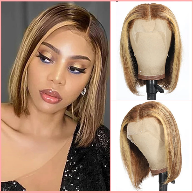 13X4 HD Lace Front Straight Hair Human Wig Highlight P4/27 Transparent Lace Bob Wig Piano Color 180% Density Brazilian Remy Hair