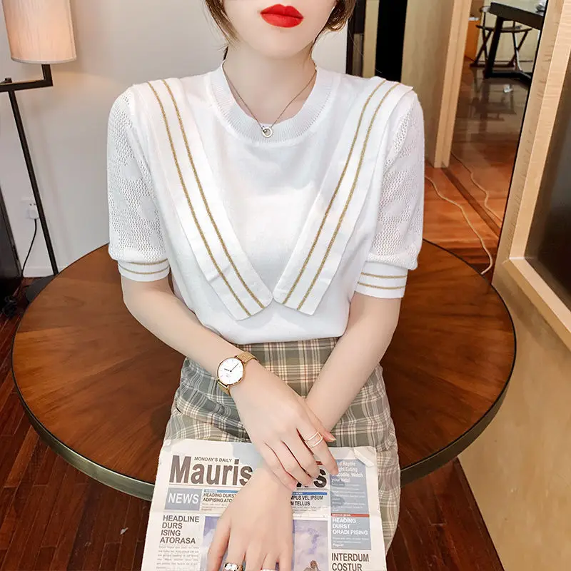 

Korean Fashion Lace Patchwork Short Sleeve T-Shirt Women Elegant Summer Knitted Tees O-Neck Thin Woman Tshirt Tops Female X262