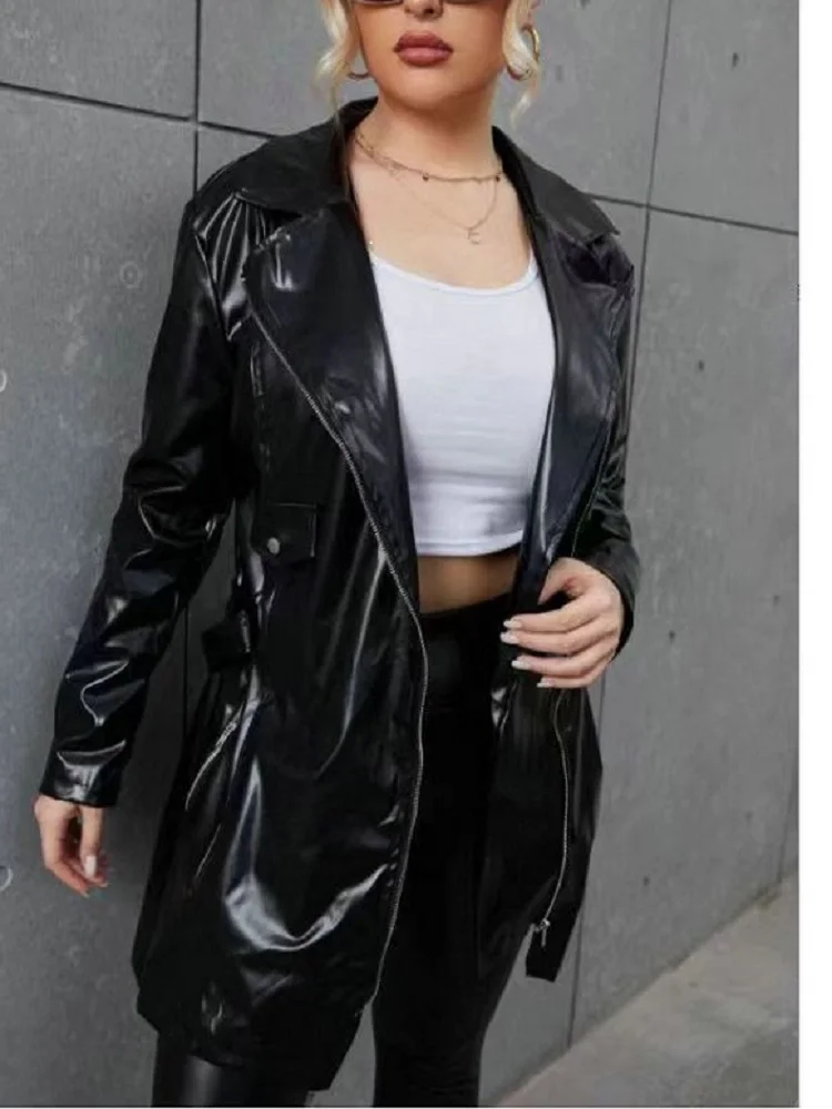 

Модная короткая мотоциклетная кожаная куртка с отложным воротником большого размера на весну и осень, Женское пальто, повседневные женские...