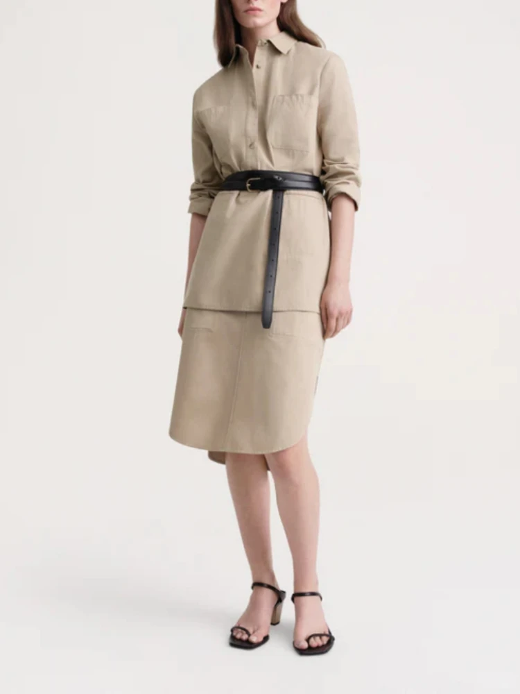 

2023 Autumn New Women Commuting Solid Color All-match Cotton Curved Hem Mid-high Waist Midi Hip Skirt