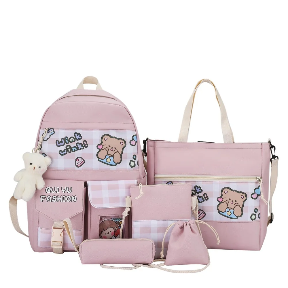 New Backpack Girl Student Schoolbag Lengai Cartoon Bag Five-piece Large-capacity Leisure Backpack Set School Bags