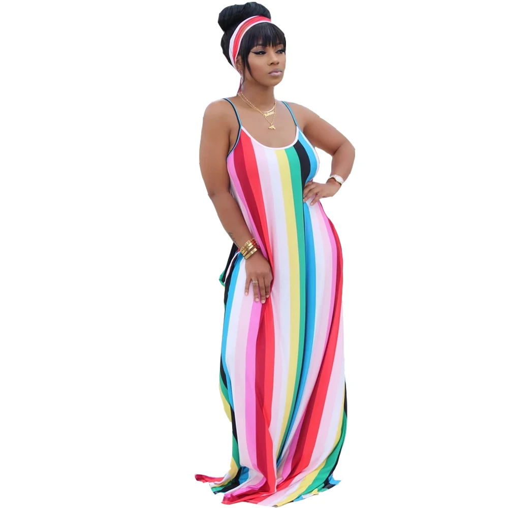 CM.YAYA Women Summer Fashion Dress Sleeveless Long Maxi Loose Striped Print Bandage Beach Night Club Party Dresses Vestido | Женская