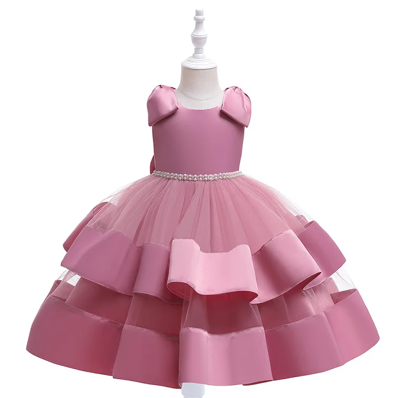 

Children Girls Dresses Solid Color Sweet Bow Cake Dress Birthday Party Kids Mesh Puffy Skirt Piano Performance Princess Costumes