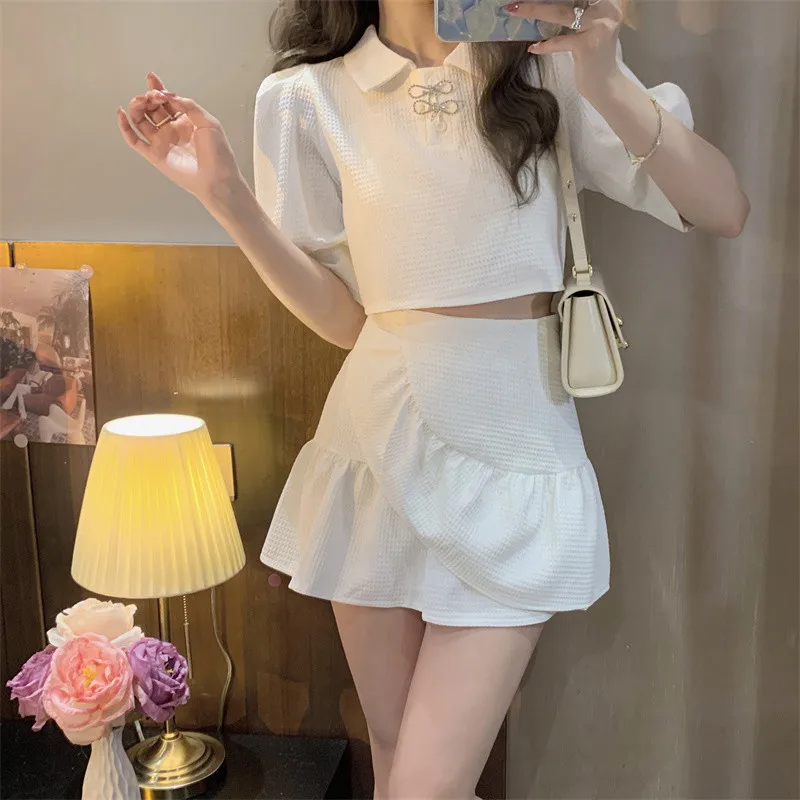 

Cute Student Girl Two Pieces Sets Short Puff Sleeve Shirt Crop Tops&Irregular Mini Skirt Harajuku White Pink 2pc Dress Suits