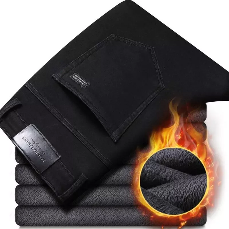 2022New Winter Black Denim Jeans for Men Fleece Thicker Warm Jeans Pants Good Quality Men Stretch Straight Fit Long Jeans Size 4
