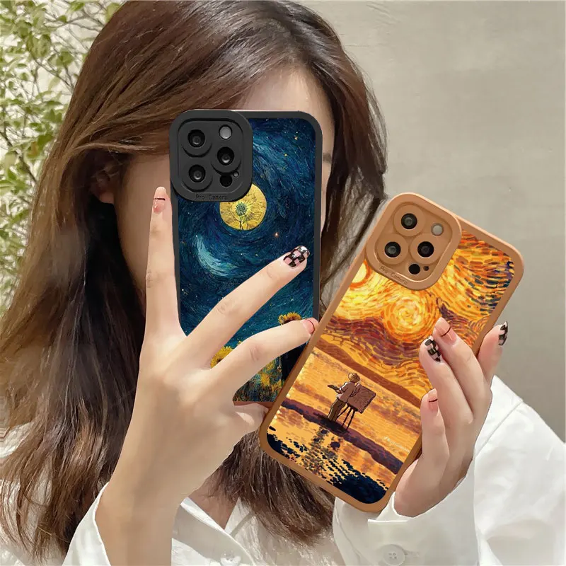 

Retro Oil Painting Starry Sky Cat Phone Case For iPhone 11 13 12 14 Pro Max 7 8 Plus SE 2020 XR XS X Vintage Soft Silicone Cover