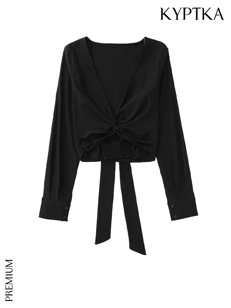 

KYPTKA Women Fashion With Tied Bow Cropped Linen Blouses Vinage V Neck Long Sleeve Female Shirts Blusas Chic Tops