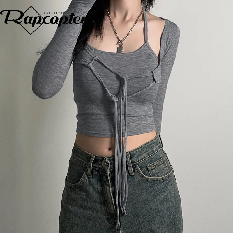 

Rapcopter y2k Tie Up Crop Top Two Pieces Halter Top Women Korean Vintage Full Sleeve Harajuku Retro Tee Autumn Winter Pullovers