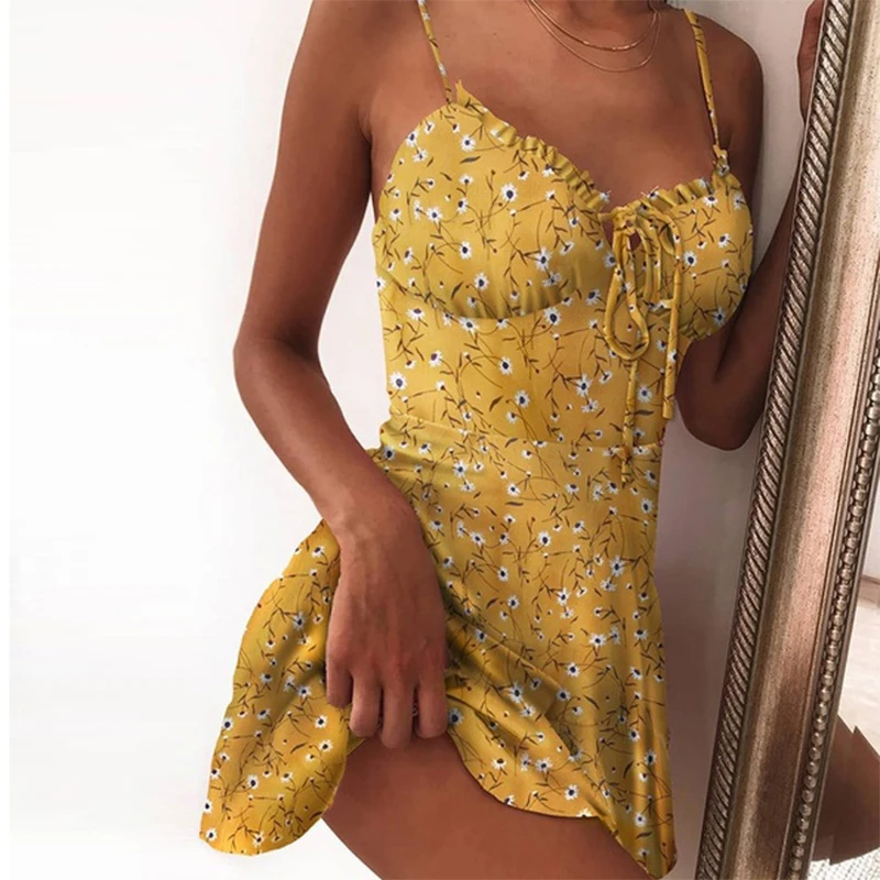 

Women Summer Printed Dress Elegant Pleated Ruffles Mini Bohemian Beachwear Drawstring Tight Sexy A Line Tunic Dress Streetwear