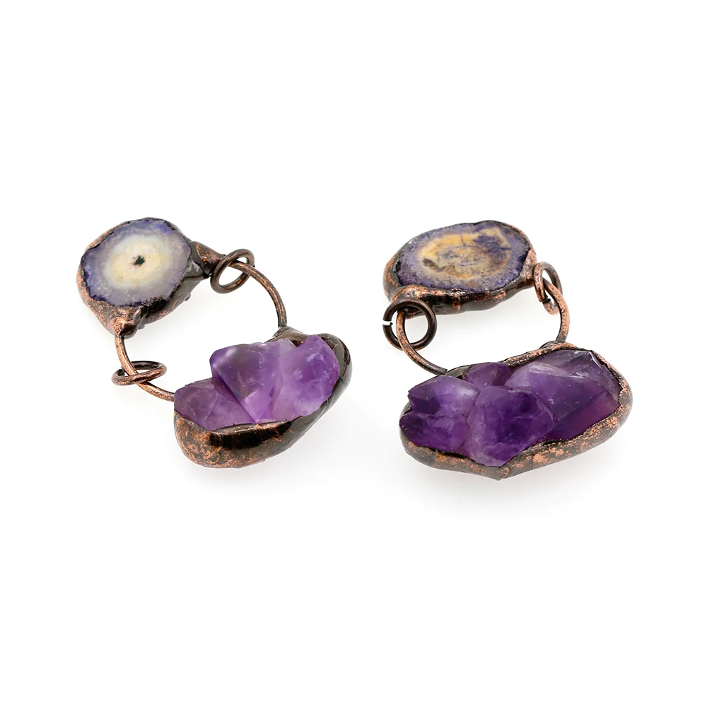 2022 Vintage Natural Stone 10 Pcs Bohemia Copper Plated Amethyst Natural Crystal Retro Women Necklace Pendants Wholesale