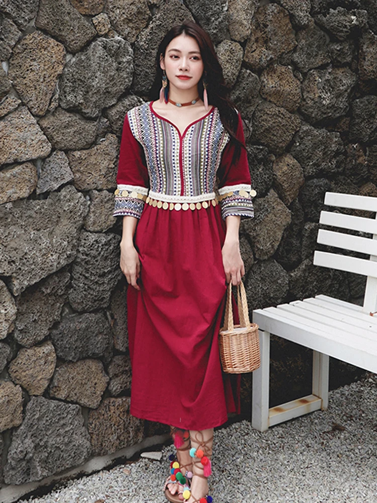 

Summer new women's retro national style stitching heavy embellished sequin lace-up cotton hemp mid-length dress