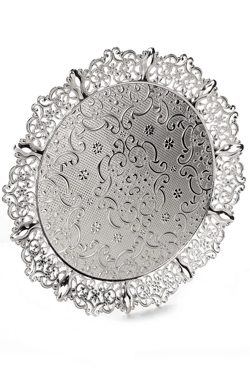 

IQRAH 6 Personality Seljuk Ottoman Pattern Round Presentation Tray Silver Color