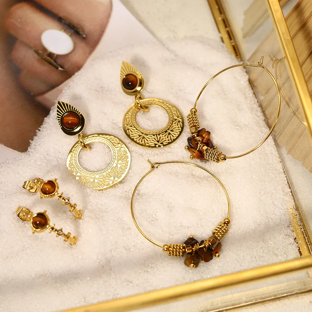 

Vintage Stainless Steel Natural Tiger Eye Stone Semi Circle Earrings for Women Large Hoop Huggie