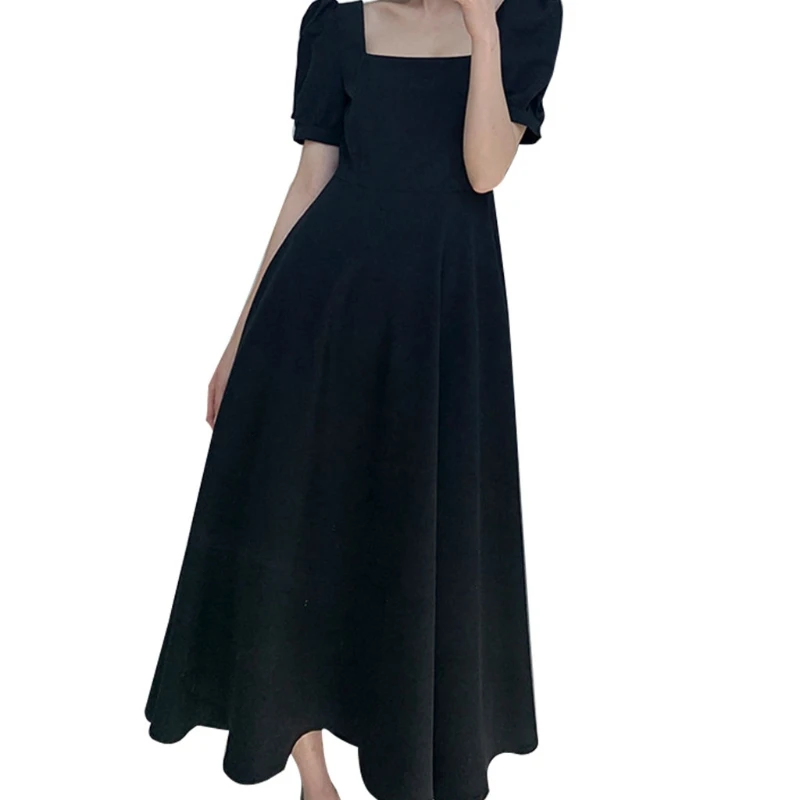 

Women Retro Puff Short Sleeve Square Neck Black Pleated Flowy Midi Long Dress