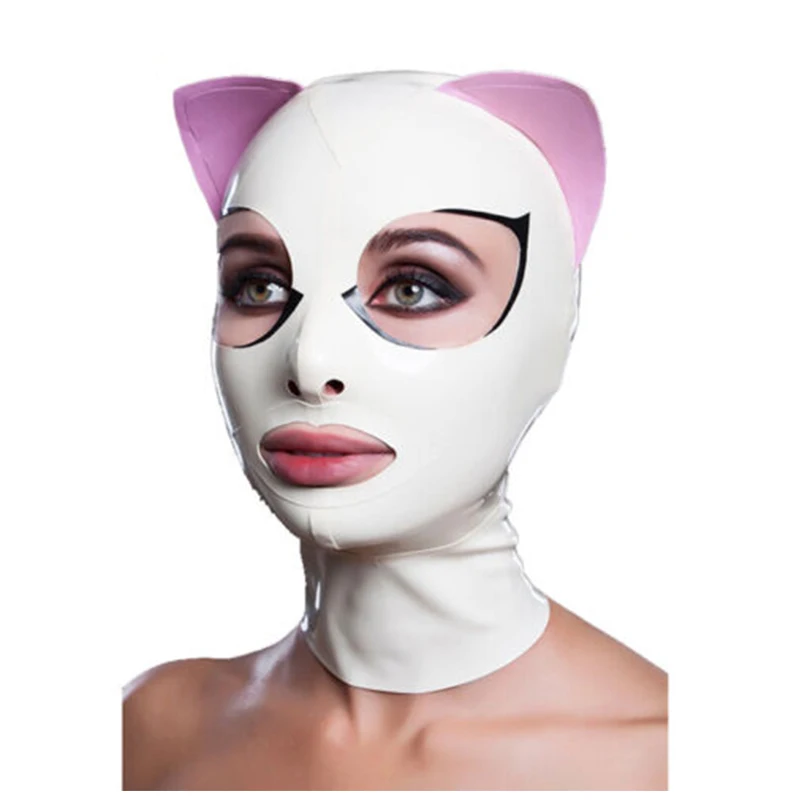 

Latex Mask Cat Ear Shackles Rubber Hoods Sexy Fetish Back Zip Cosplay for Women
