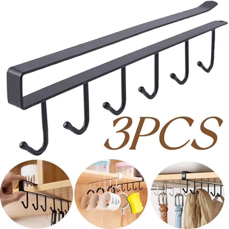 

3pcs 6 Hooks Kitchen Storage Shelf Punch Free Wardrobe Cabinet Under Shelves Racks Iron Mug Cup Hanger Hook Hanging Organizer