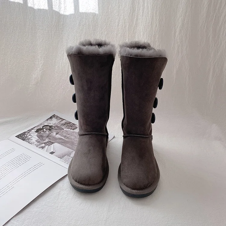 

HQF UG High Quality Natural Sheep Fur 3-Button Women Winter Snow Boots Real Sheepskin Leather Wool Warm Outdoor Waterproof Shoes