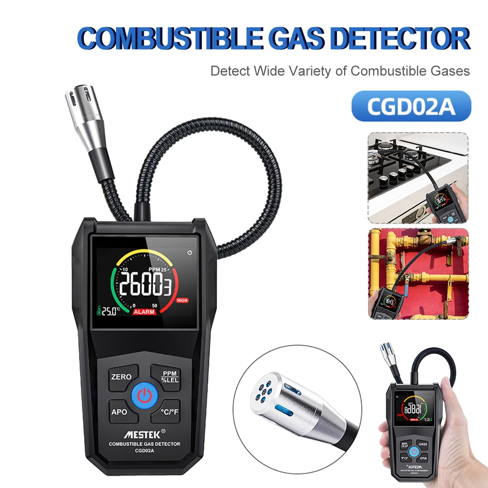 

50000 PPM 100% LEL Gas Leak Detector Metal Probe CGD02A Combustible Gas Analyzer Portable Gas Sniffer Like Methane Butane Hexane