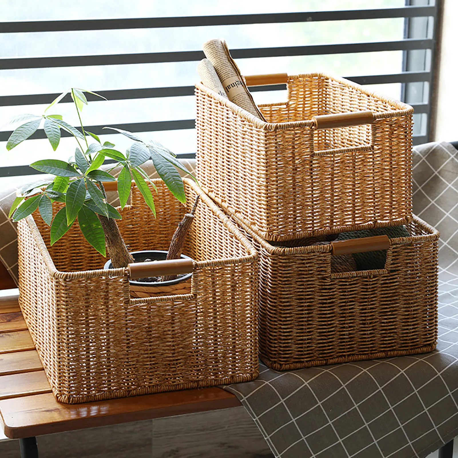 

Hand-woven Artificial Rattan Wicker Storage Basket Home Room Toy Book Magazine Sundries Tidy Organizer Storage Basket
