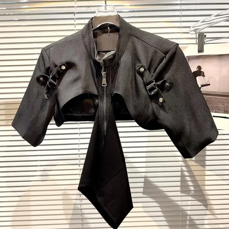 

Harajuku Coat for Women 2022 Summer New Hollow-out Ultra-Short Shoulder Pad Short Sleeve Jacket Top Female Cropped Jackets Coats