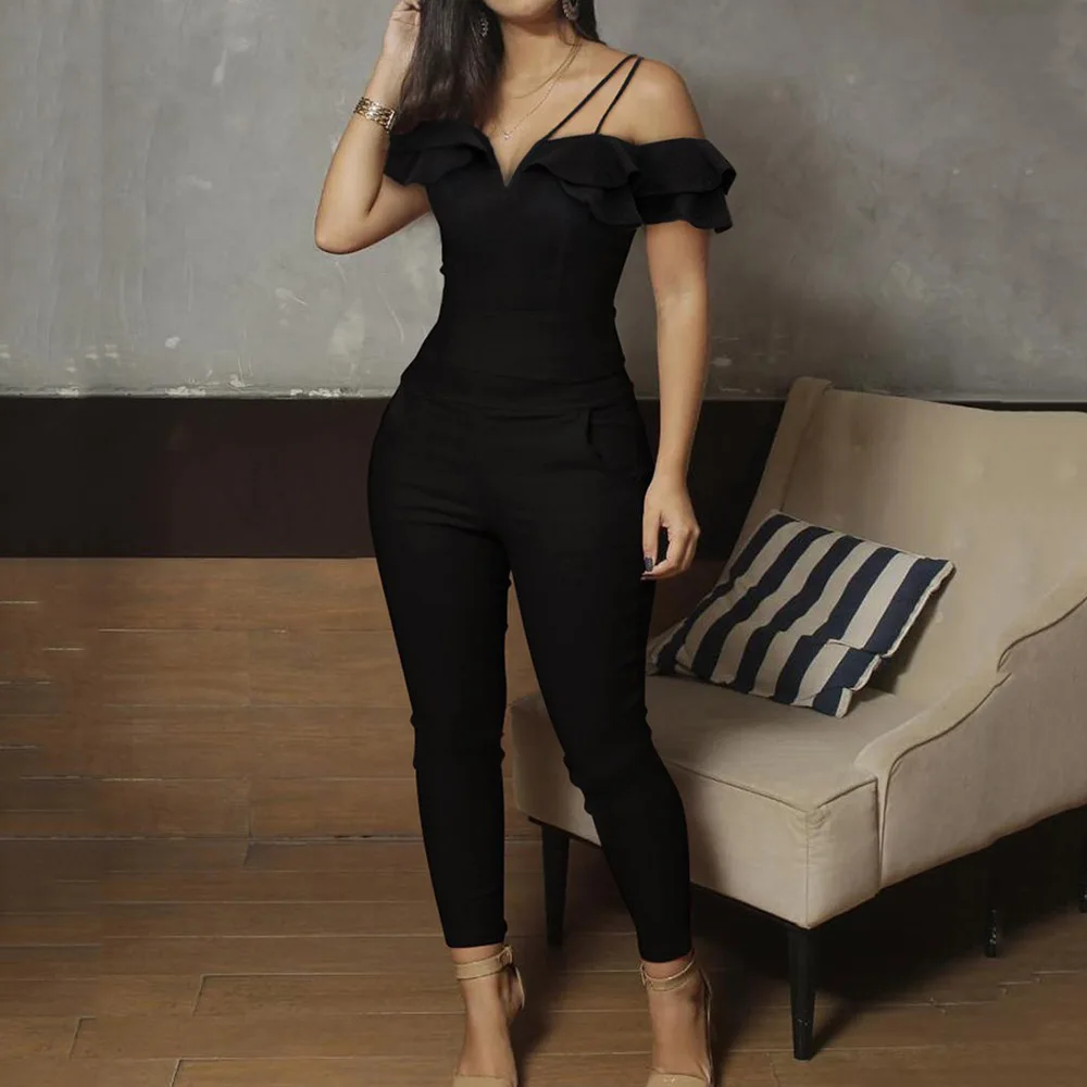 

Women Long Jumpsuits Sexy Black Playsuits Casual Short Sleeve Ruffle Off Shoulder Skinny Trousers Pants 2022 Summer Overalls