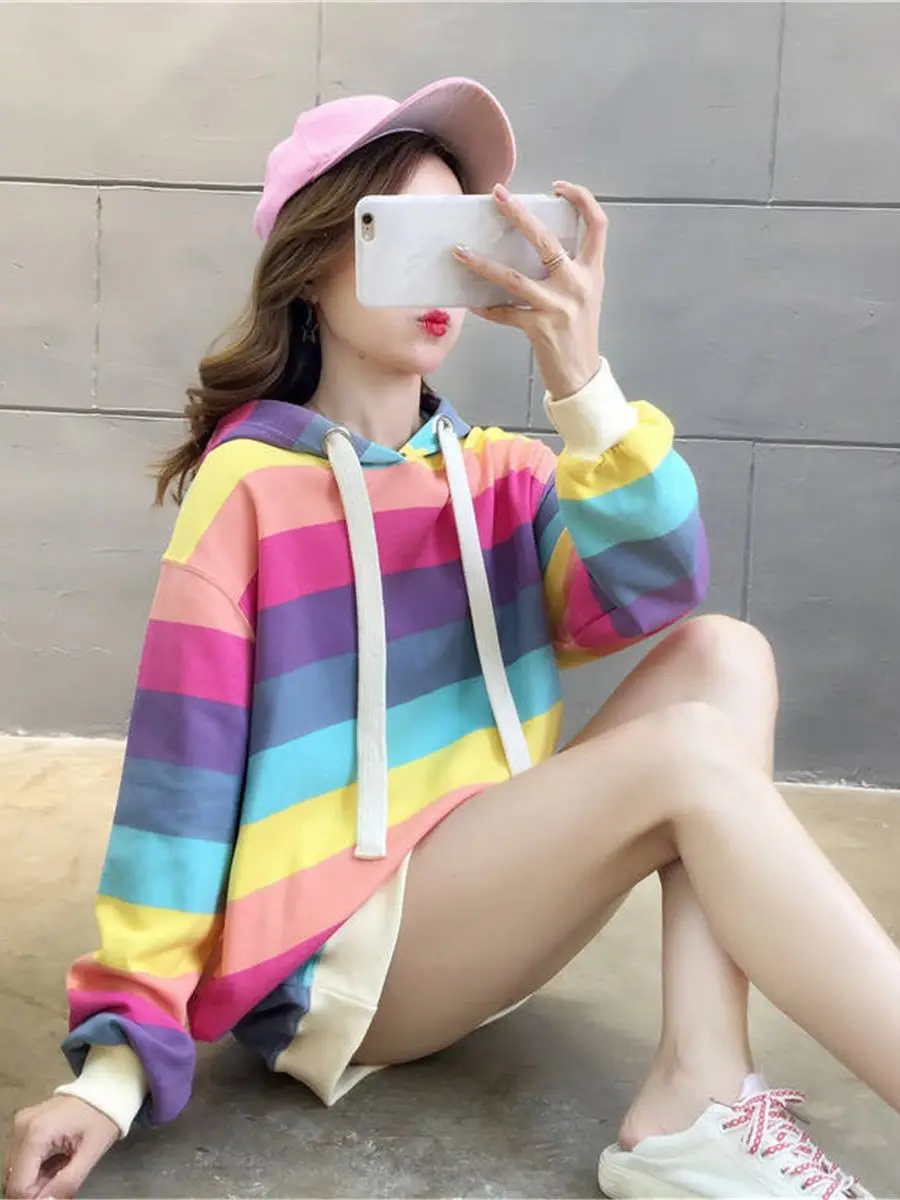 

Harajuku Rainbow Stripe Hoodies Women Sweatshirt Loose Pullover for Sweet Girls Pastel Fahion Pink Clothing Cute Japan Hoodies