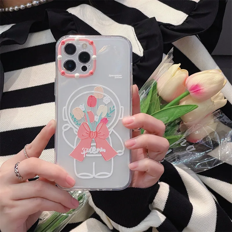 

Cute Tulip flowers Line Astronaut Phone Case For Apple IPhone11 12Pro Max XR X XS MAX 13Pro Max Bow-knot Soft TPU Backcover Capa
