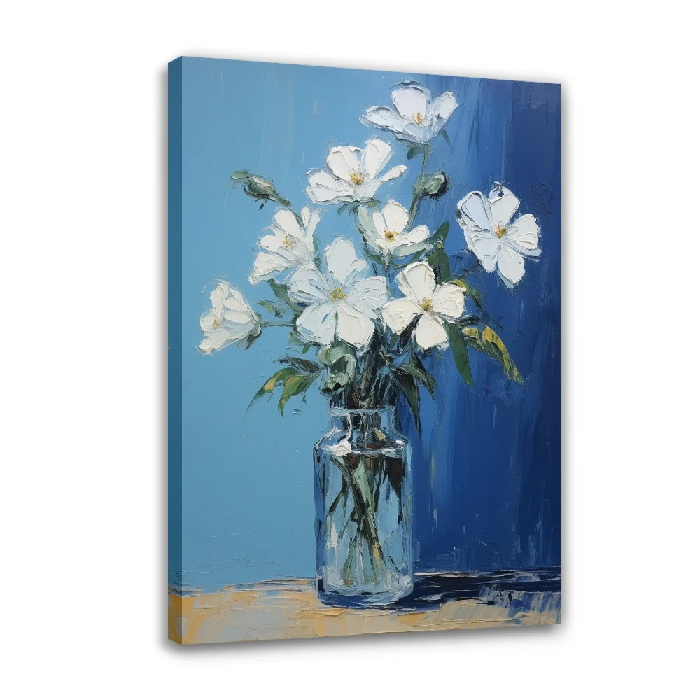 

Forbeauty Blue Background Green Leaves White Flowers Framed Gallery Canvas Painting Colorful Vase Antique For Home Decoration