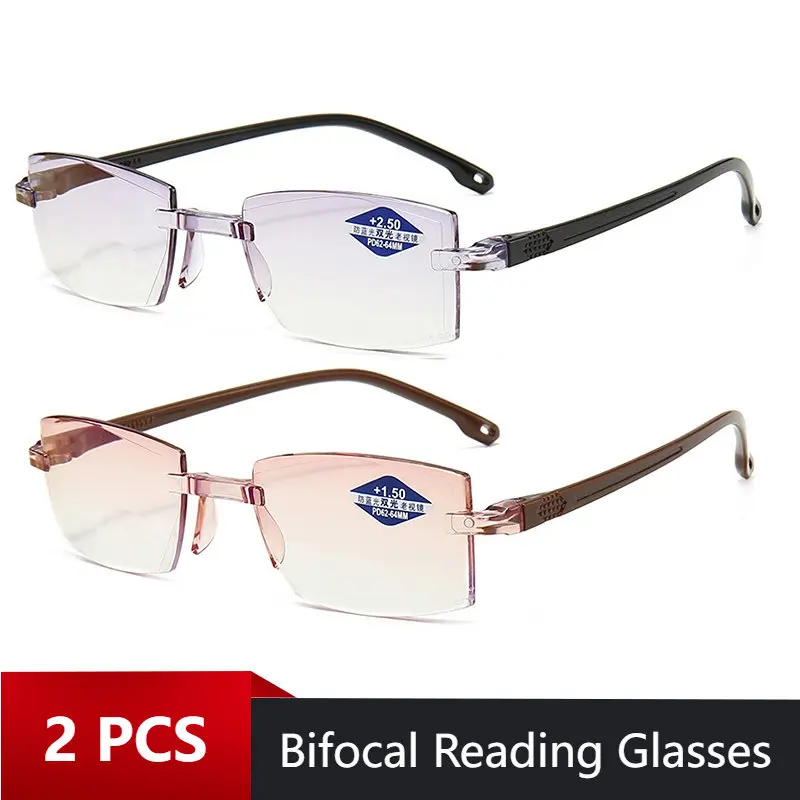 

2PCS Rimless Bifocal Progressive Reading Glasses Men Women Near and Far Anti-blue Light Eyesglasses Vintage Prescription Eyewear