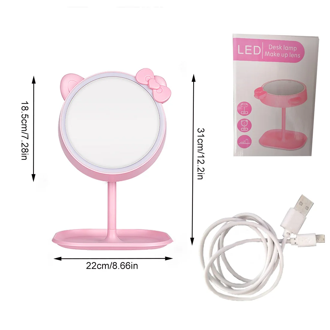 TSHOU511 cat Ear Makeup Mirror With LED Adjustable Light Touch Screen USB LED Make Up Mirror Desk Vanity Cosmetic Storage Mirror images - 6
